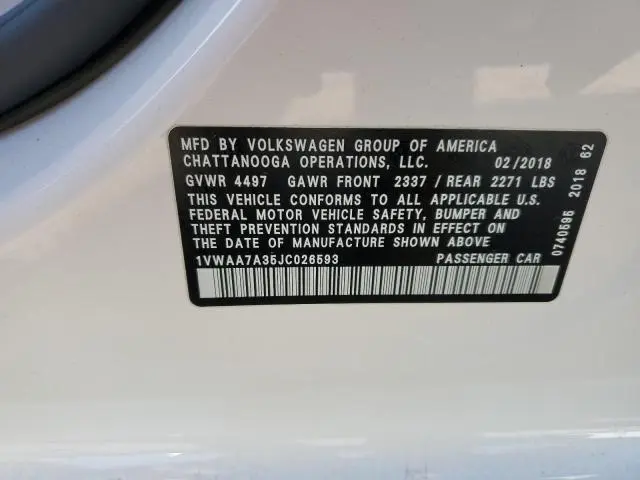 2018 VOLKSWAGEN PASSAT S