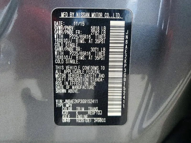 2016 NISSAN QUEST 3.5 S  
