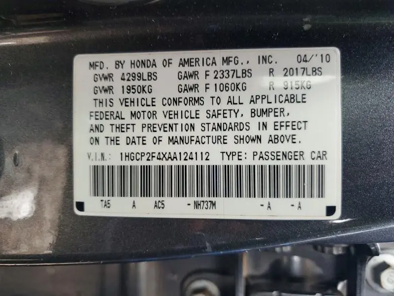 2010 HONDA ACCORD LXP  