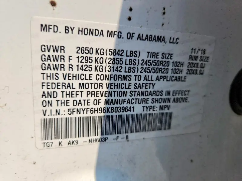 2019 HONDA PILOT TOURING  