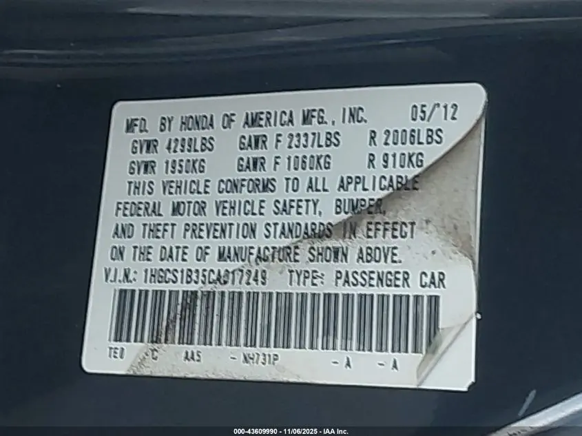 2012 HONDA ACCORD 2.4 LX-S