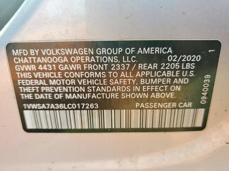 2020 VOLKSWAGEN PASSAT SE  