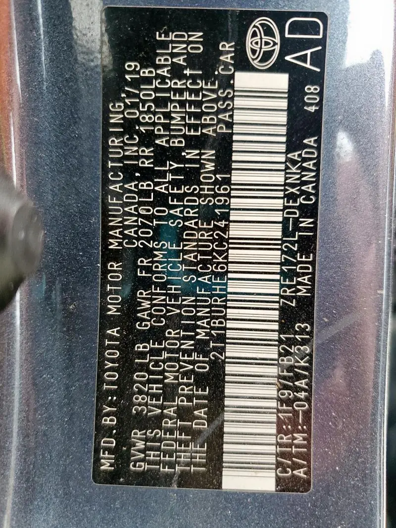 2019 TOYOTA COROLLA L  