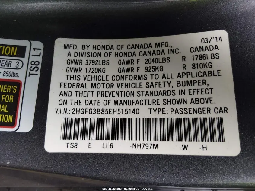 2014 HONDA CIVIC EX