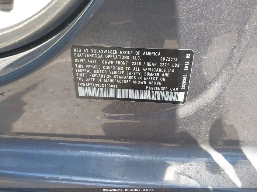 2012 VOLKSWAGEN PASSAT 2.5L SE