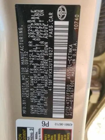 2012 TOYOTA CAMRY BASE  