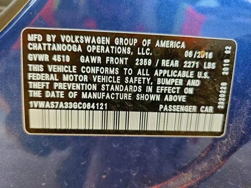 2016 VOLKSWAGEN PASSAT S  