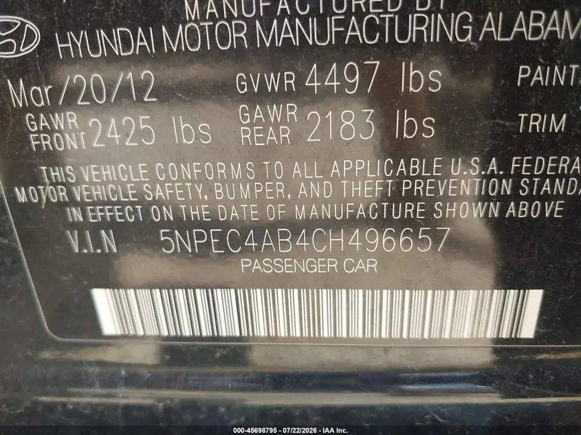 2012 HYUNDAI SONATA LIMITED 2.0T
