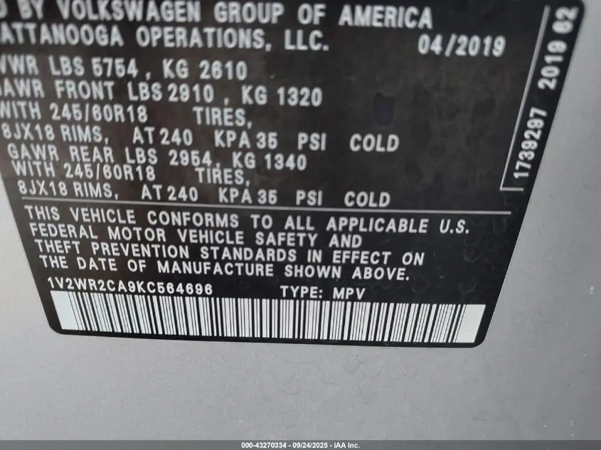 2019 VOLKSWAGEN ATLAS 3.6L V6 SE W/TECHNOLOGY