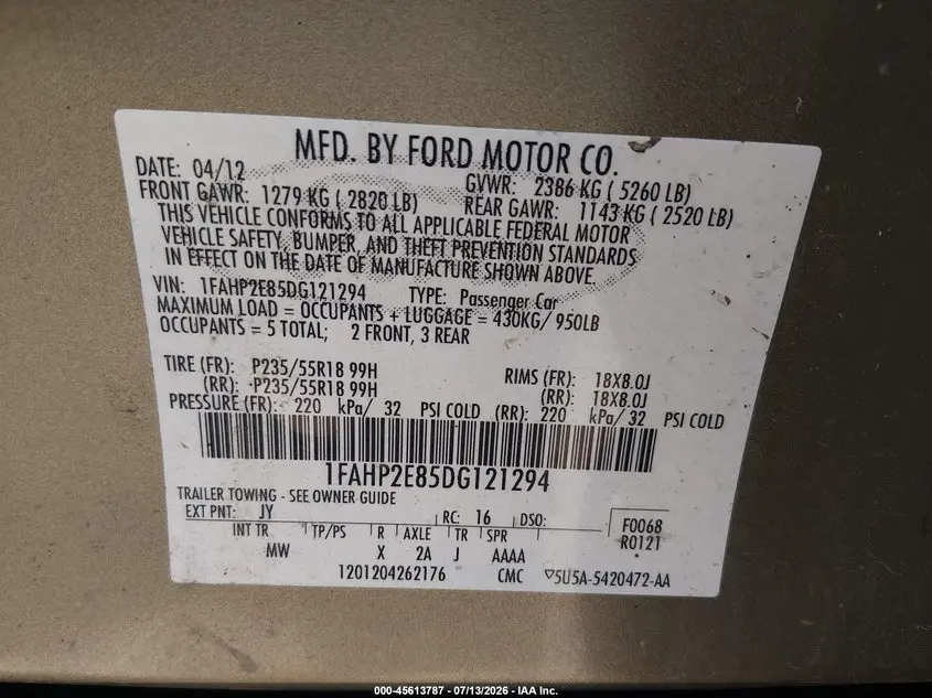 2013 FORD TAURUS SEL
