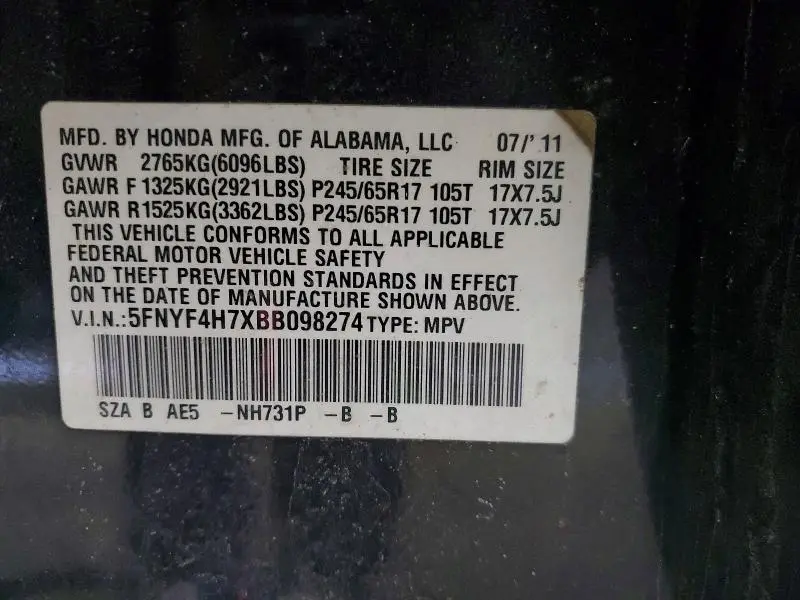 2011 HONDA PILOT EXLN  