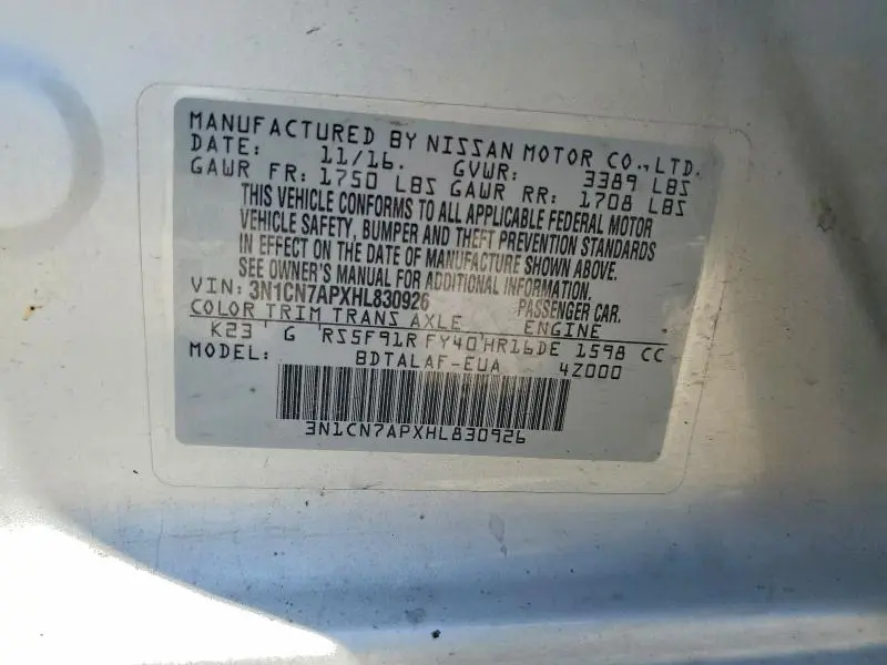 2017 NISSAN VERSA 1.6 S  