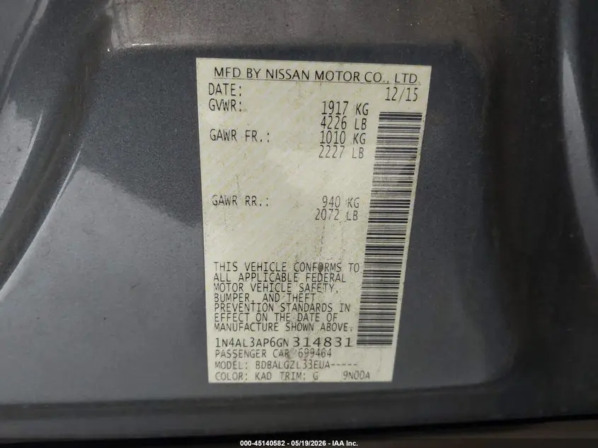2016 NISSAN ALTIMA 2.5/2.5 S/2.5 SL/2.5 SR/2.5 SV