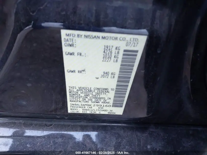 2017 NISSAN ALTIMA 2.5 S