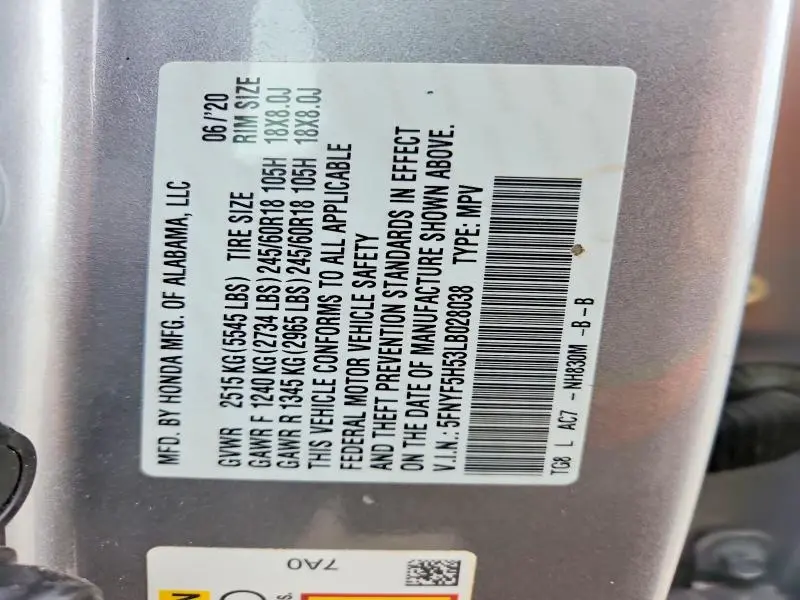 2020 HONDA PILOT EXL  