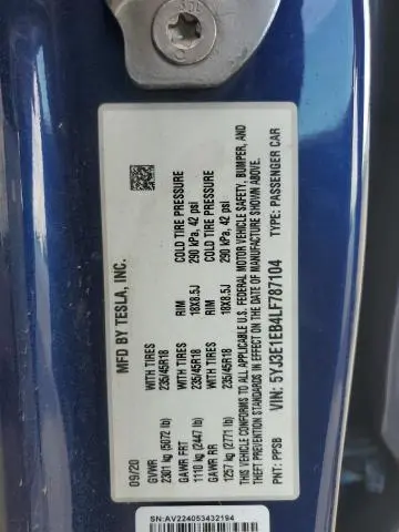 2020 TESLA MODEL 3   