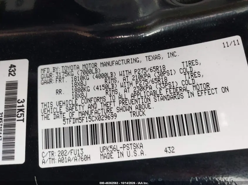 2012 TOYOTA TUNDRA GRADE 4.6L V8