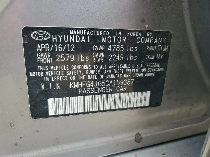 2012 HYUNDAI AZERA GLS  