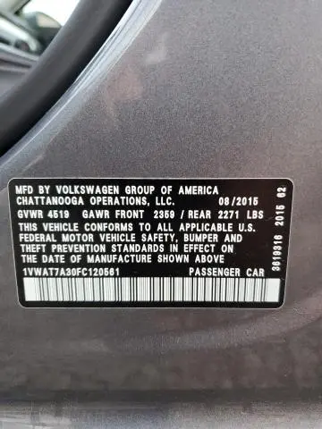 2015 VOLKSWAGEN PASSAT S  