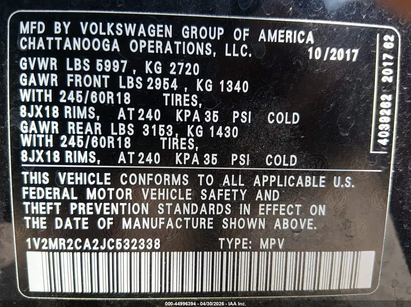 2018 VOLKSWAGEN ATLAS 3.6L V6 SEL