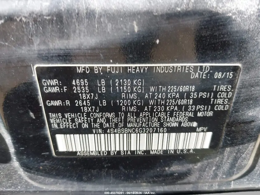 2016 SUBARU OUTBACK 2.5I LIMITED