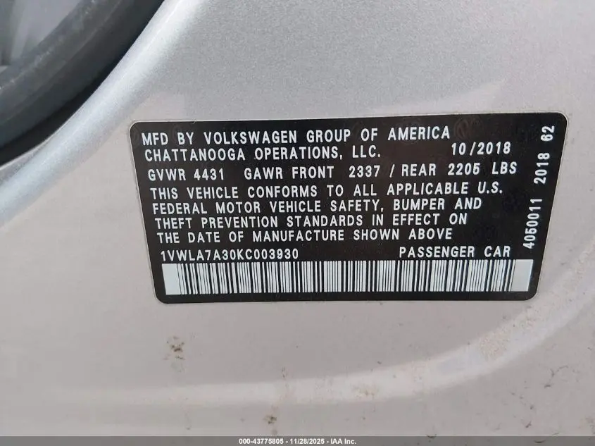 2019 VOLKSWAGEN PASSAT 2.0T WOLFSBURG EDITION