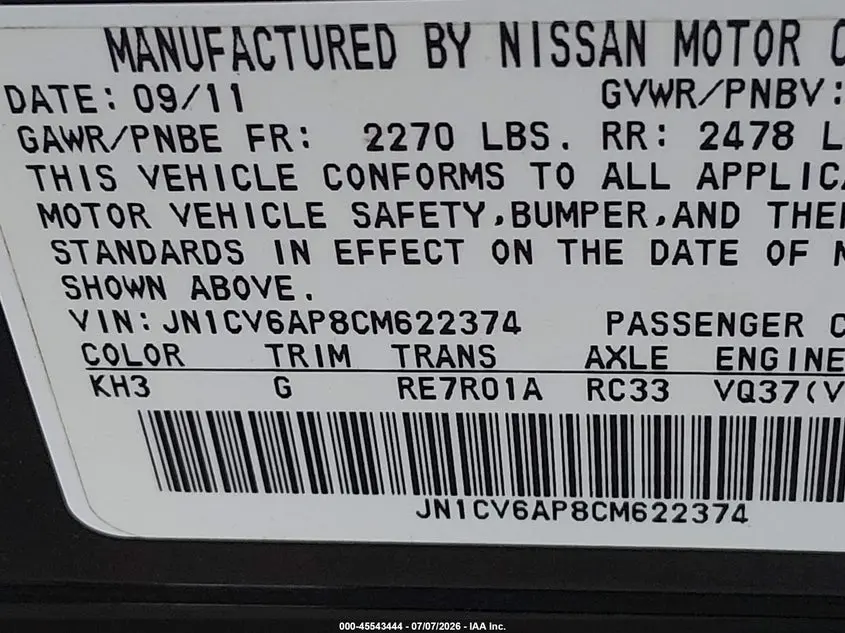 2012 INFINITI G37 JOURNEY