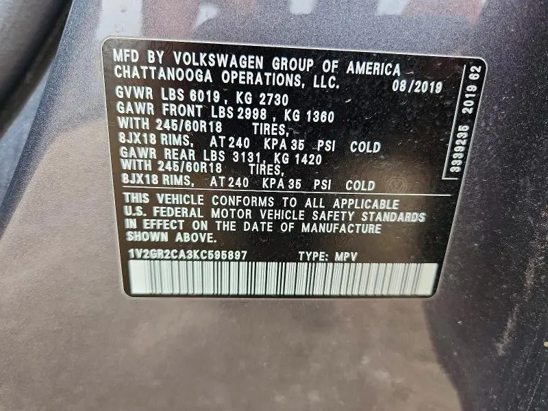 2019 VOLKSWAGEN ATLAS S  