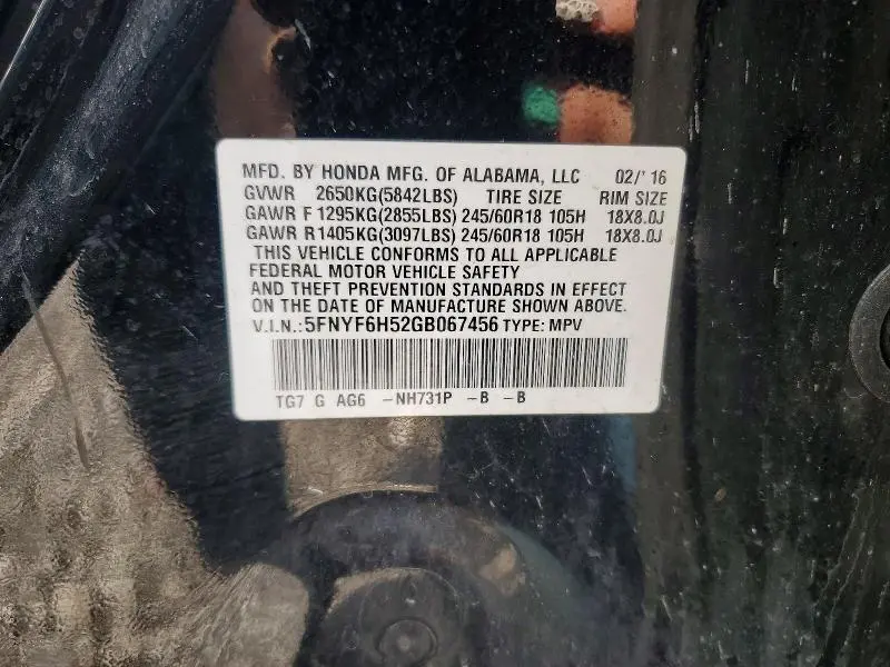 2016 HONDA PILOT EXL  