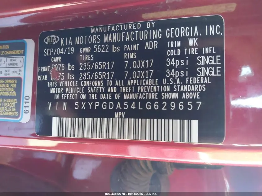 2020 KIA SORENTO 3.3L LX