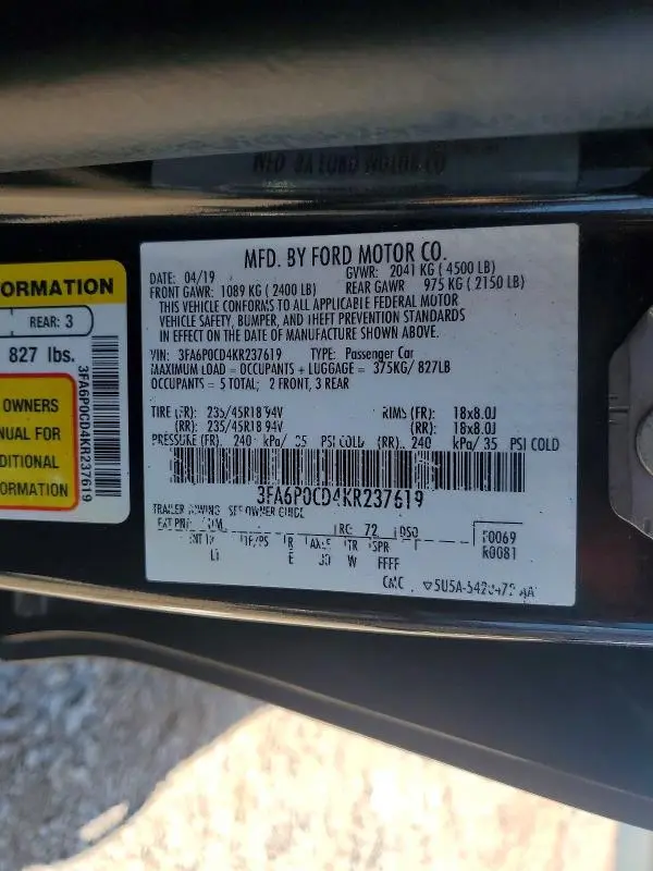 2019 FORD FUSION SEL  
