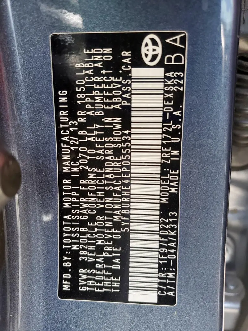 2014 TOYOTA COROLLA L  