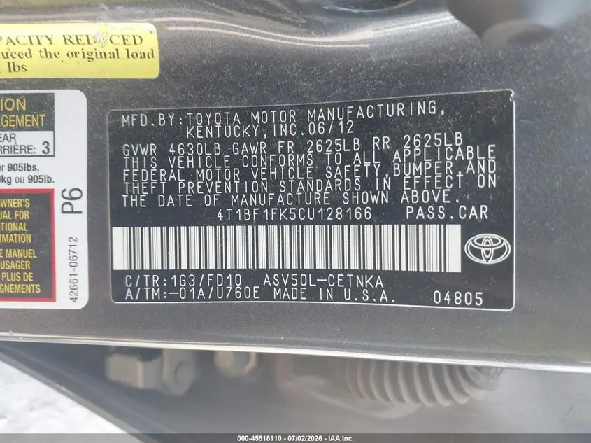 2012 TOYOTA CAMRY LE