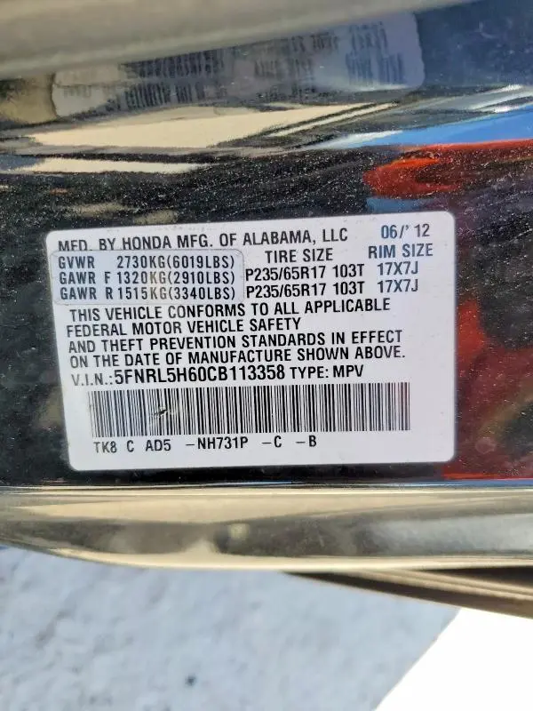 2012 HONDA ODYSSEY EXL  