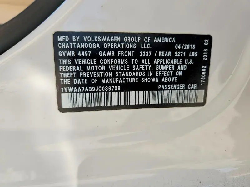 2018 VOLKSWAGEN PASSAT S  