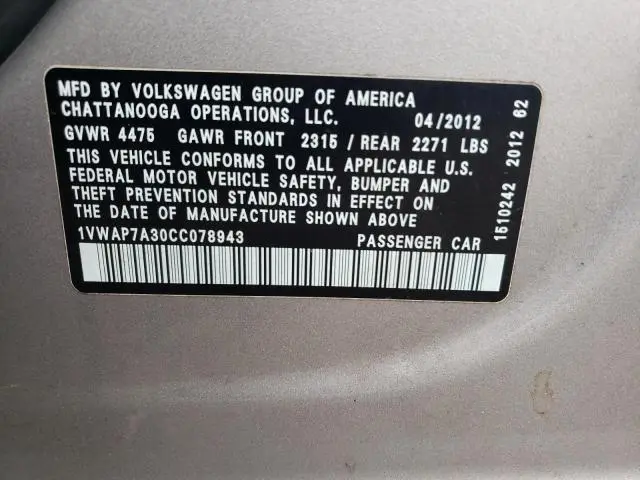 2012 VOLKSWAGEN PASSAT S