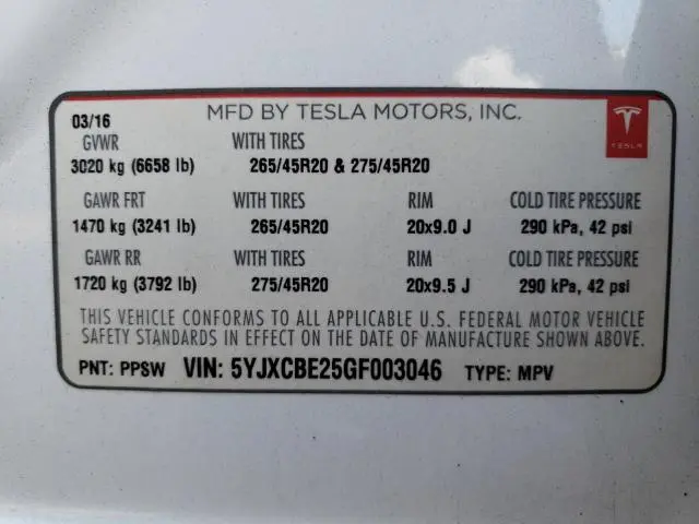 2016 TESLA MODEL X   