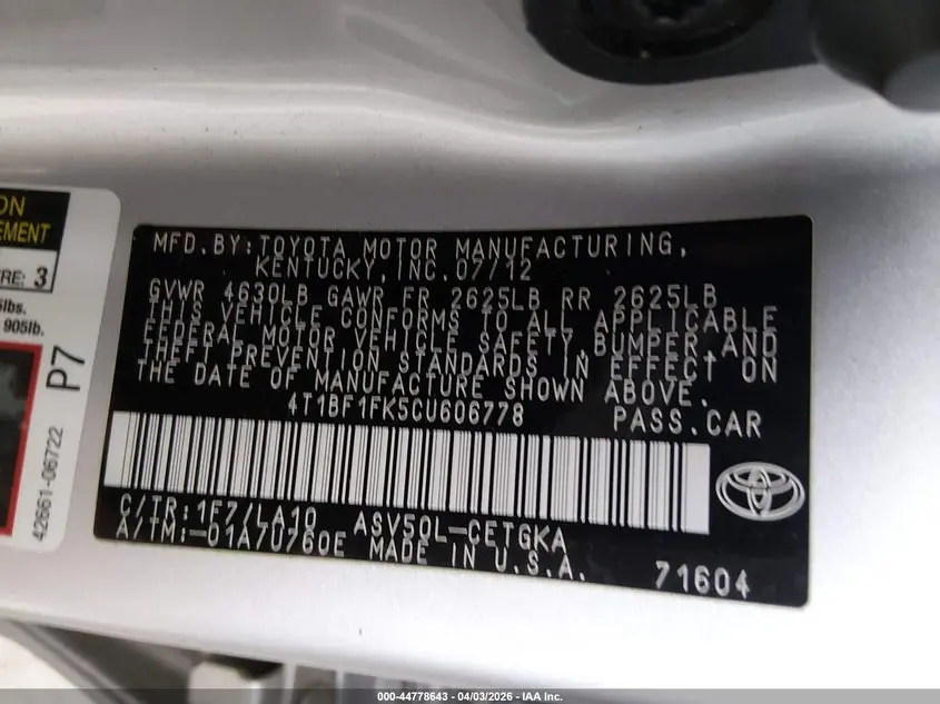 2012 TOYOTA CAMRY XLE