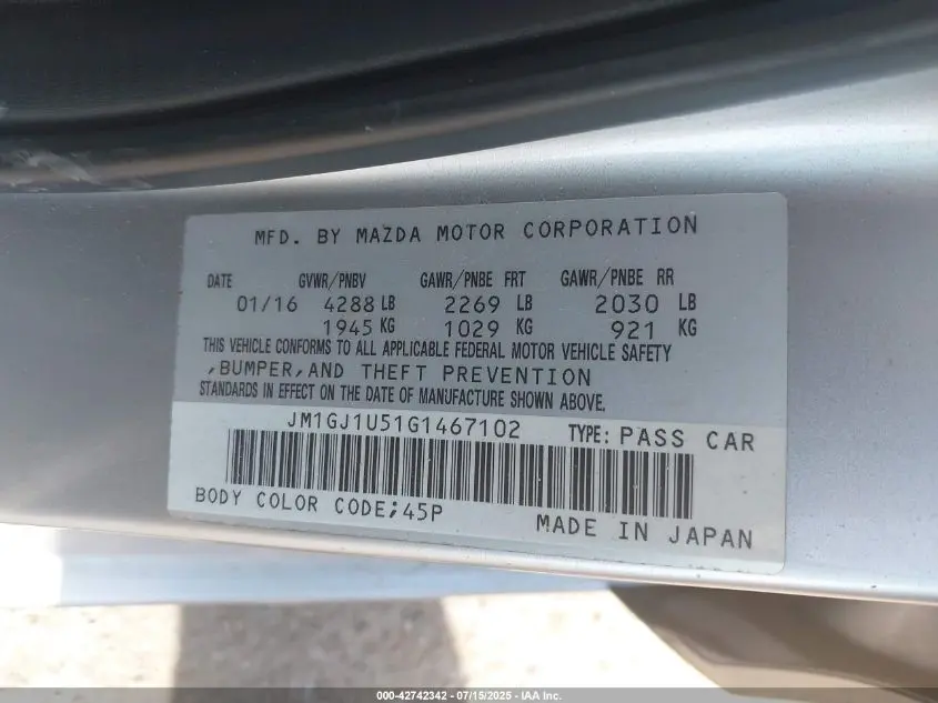 2016 MAZDA MAZDA6 I SPORT