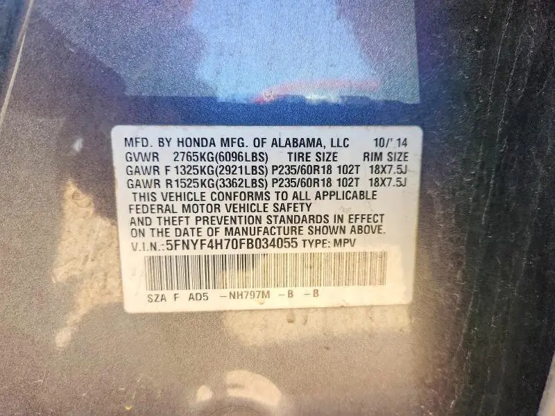 2015 HONDA PILOT EXLN  