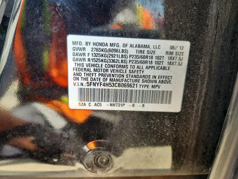 2012 HONDA PILOT EXL  