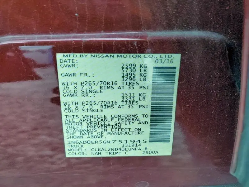 2016 NISSAN FRONTIER S  