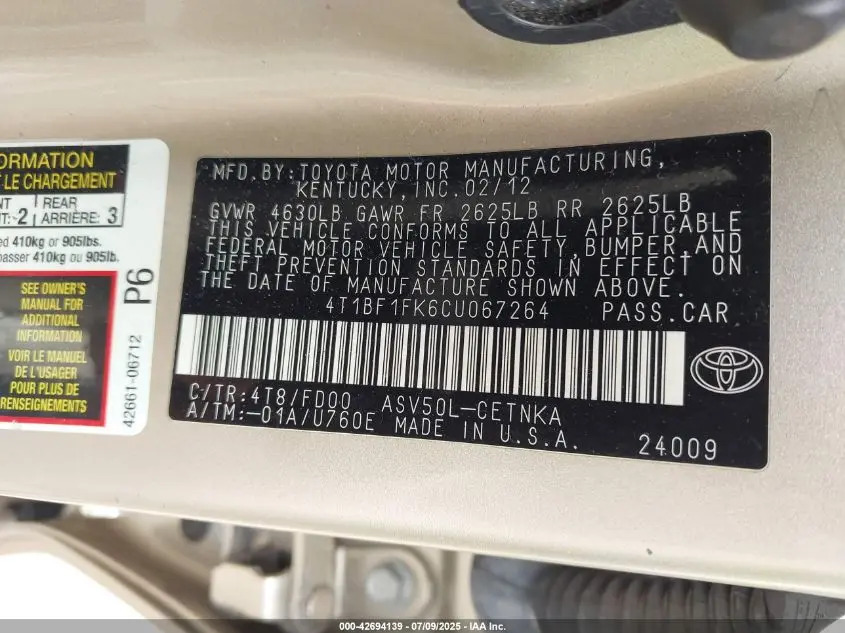 2012 TOYOTA CAMRY LE