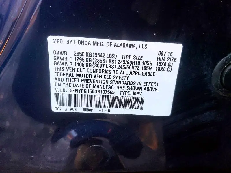 2016 HONDA PILOT EXL  