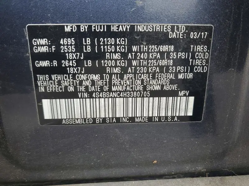 2017 SUBARU OUTBACK 2.5I LIMITED  