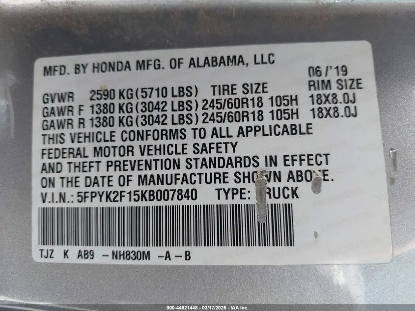 2019 HONDA RIDGELINE SPORT