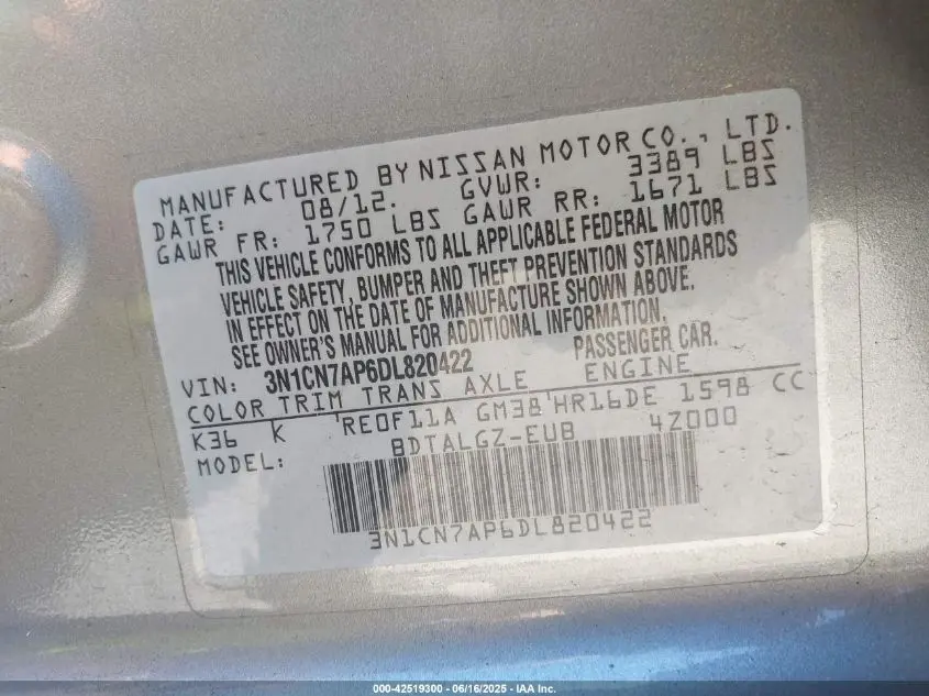 2013 NISSAN VERSA 1.6 SL