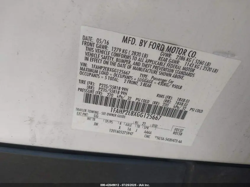 2016 FORD TAURUS SEL