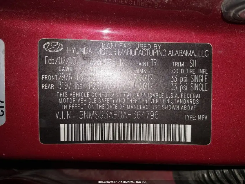 2010 HYUNDAI SANTA FE GLS