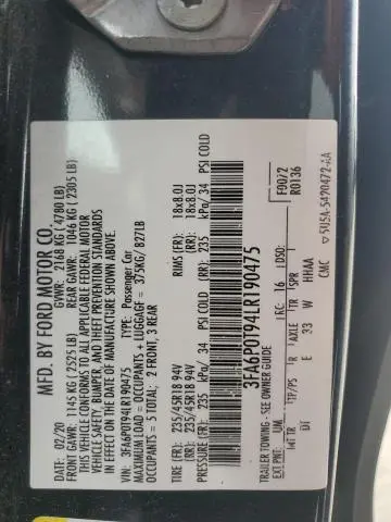 2020 FORD FUSION SE  
